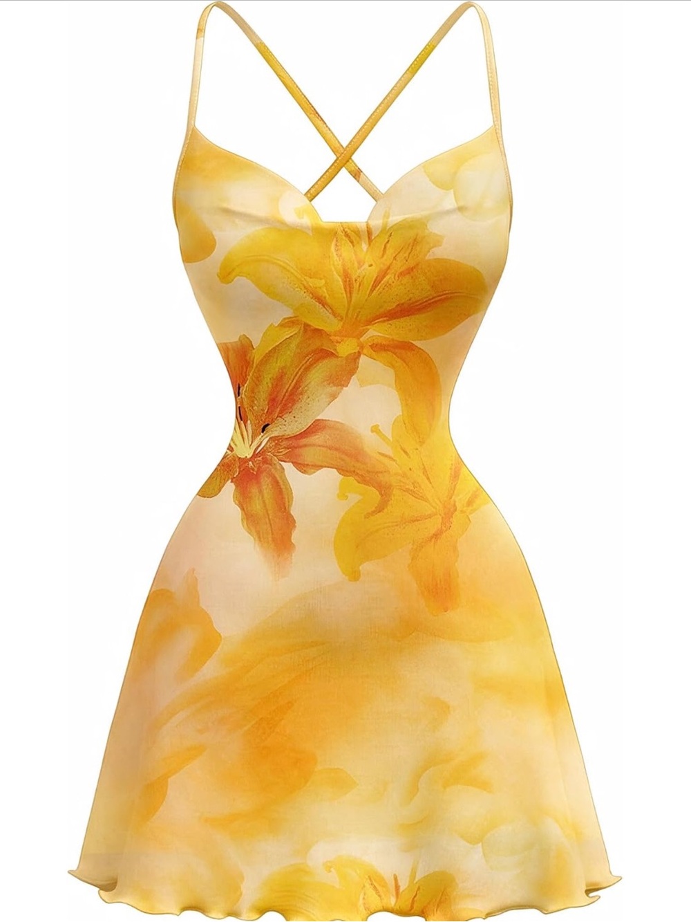 Yellow Floral Mini Slip Dress with Crisscross Straps